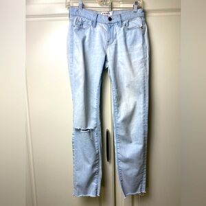 Frame, light denim, 26, women’s, Le skinny de Jeanne, distressed knee, raw hem